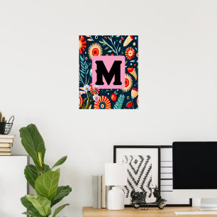 Initial Name Abstract Colourful Flowers & Leaves Poster