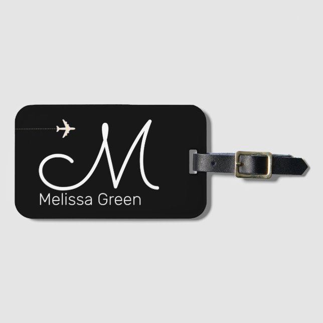 initial + name aeroplane blackandwhite luggage tag (Front Horizontal)