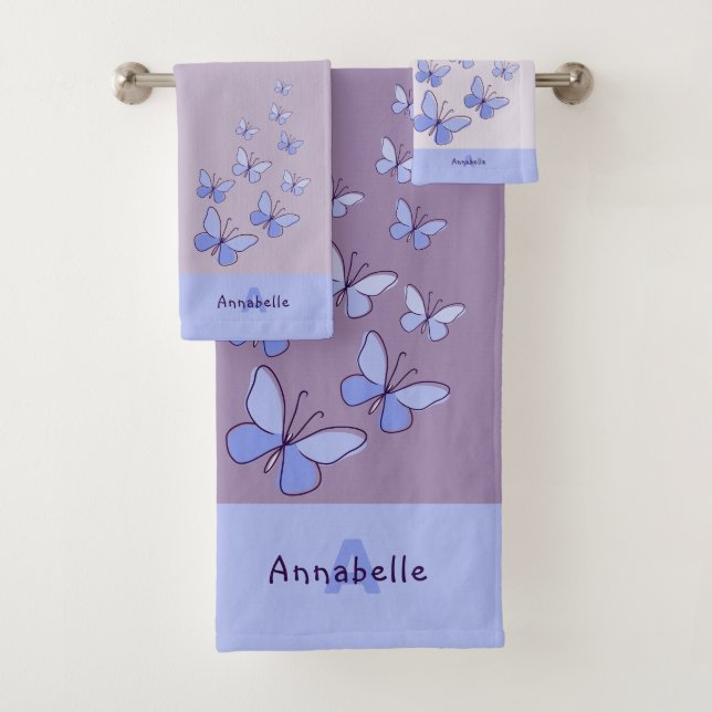 Initial & Name Blue Butterfly Flutter Lavender Bath Towel Set (Insitu)