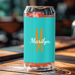 Initial Name Dark Turquoise Orange Beverage Can Glass
