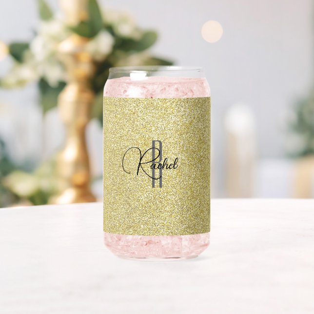 Initial Name, Gold Glitter Print Beverage 16oz Can Glass (Insitu (Wedding))