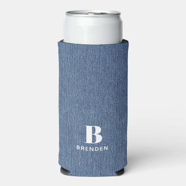 Initial Name, Light Blue Denim Print Slim Seltzer Can Cooler (Seltzer Front)