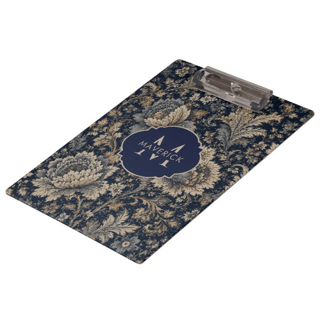 Initial Name on Navy Gold Botanical TextilePattern Clipboard (Angled)
