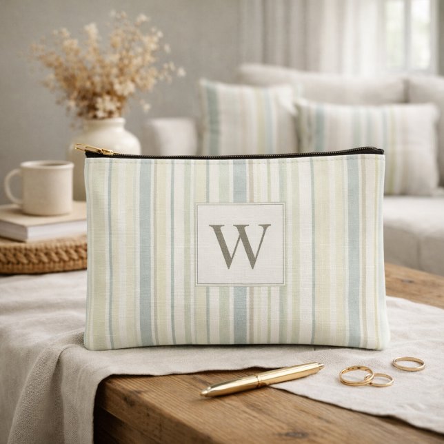 Initial Neutral Dusty Blue Stripe Rustic Farmhouse Accessory Pouch (Creator Uploaded)