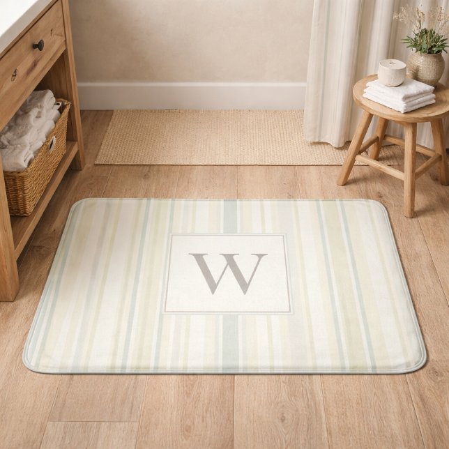 Initial Neutral Dusty Blue Stripe Rustic Farmhouse Bath Mat (Creator Uploaded)
