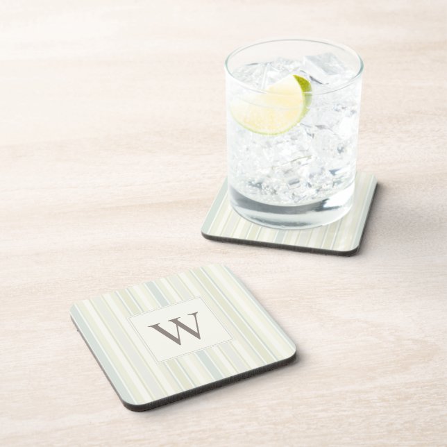 Initial Neutral Dusty Blue Stripe Rustic Farmhouse Coaster (Right Side)