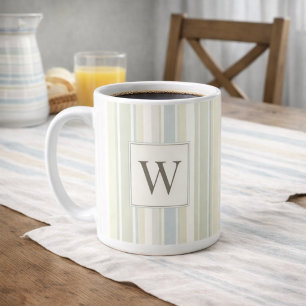 Initial Neutral Dusty Blue Stripe Rustic Farmhouse Coffee Mug