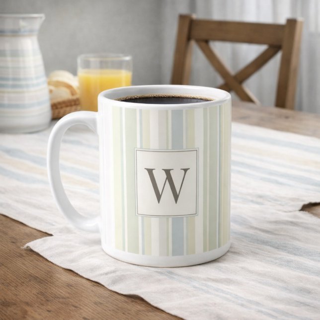 Initial Neutral Dusty Blue Stripe Rustic Farmhouse Coffee Mug (Creator Uploaded)