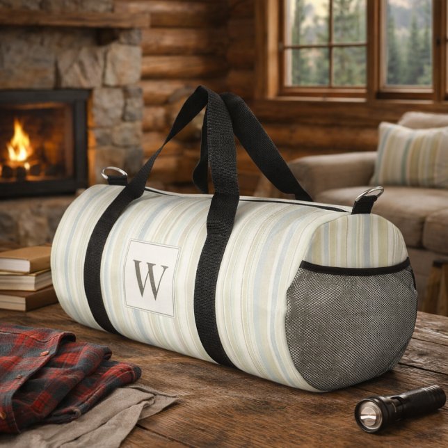 Initial Neutral Dusty Blue Stripe Rustic Farmhouse Duffle Bag (Creator Uploaded)