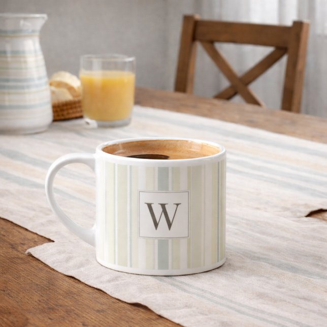 Initial Neutral Dusty Blue Stripe Rustic Farmhouse Espresso Cup (Creator Uploaded)
