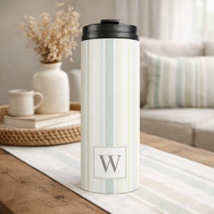 Initial Neutral Dusty Blue Stripe Rustic Farmhouse Thermal Tumbler