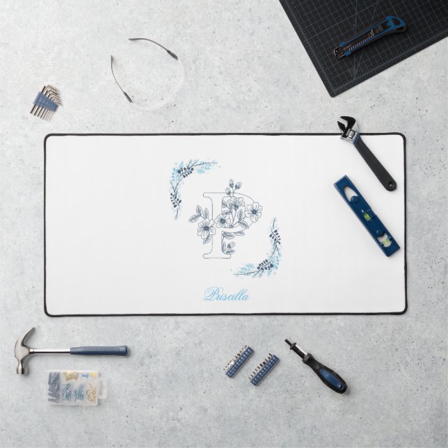 Initial "P" Blue Monogram Calm Floral Desk Mat (Workstation)