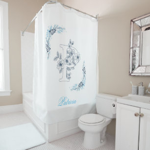 Initial "P" Blue Monogram Calm Floral Shower Curtain