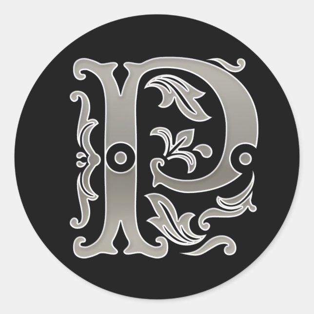 Initial P Round Sticker in silver (Front)