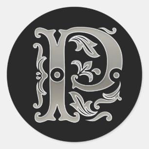 Initial P Round Sticker in silver