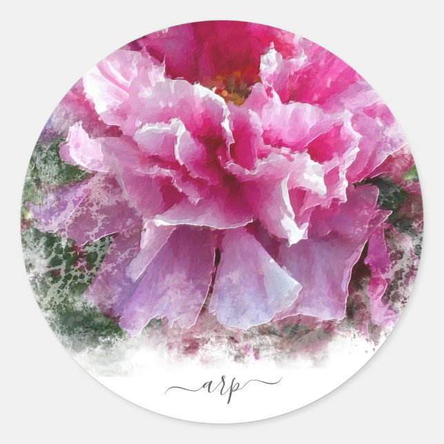 *~* Initial -  Peony Floral Painting Round AR1 Classic Round Sticker (Front)