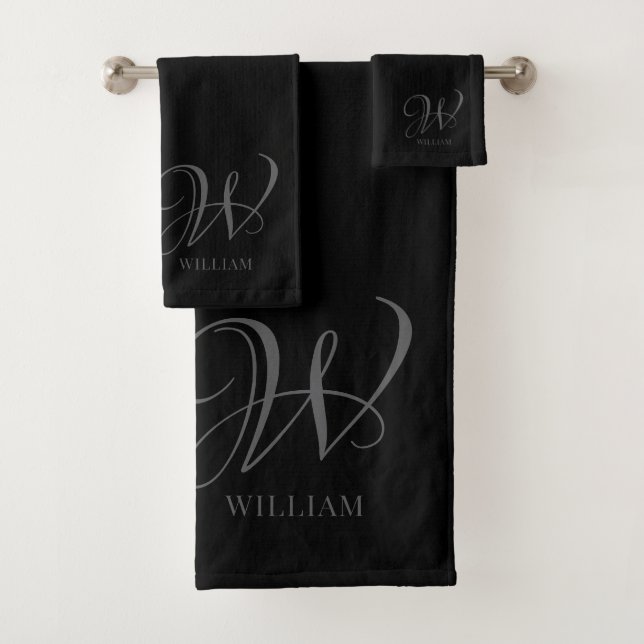 Initial Personalised Elegant Black Grey Monogram  Bath Towel Set (Insitu)