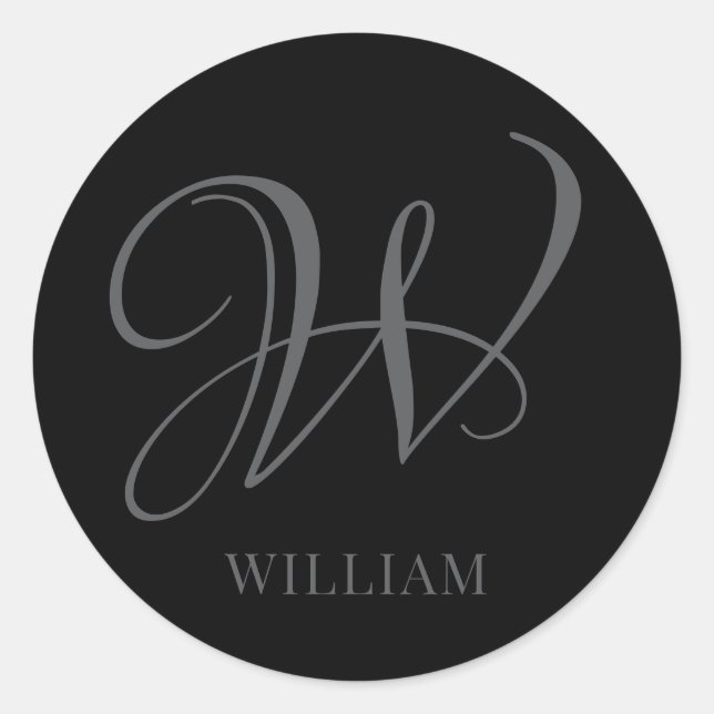 Initial Personalised Elegant Black Grey Monogram  Classic Round Sticker (Front)