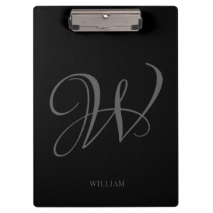 Initial Personalised Elegant Black Grey Monogram Clipboard