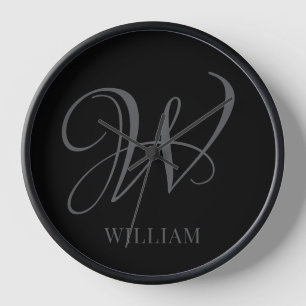 Initial Personalised Elegant Black Grey Monogram Clock