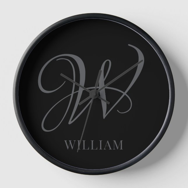 Initial Personalised Elegant Black Grey Monogram  Clock (Front)