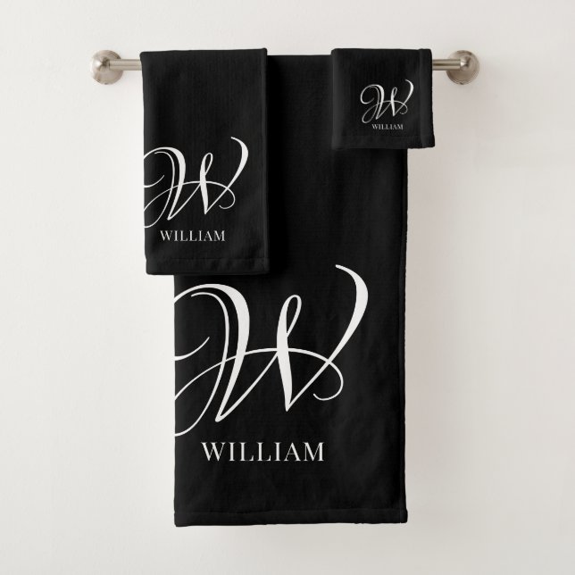 Initial Personalised Elegant Black Monogram  Bath Towel Set (Insitu)