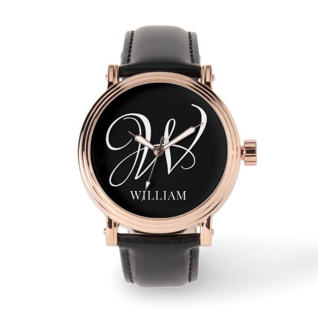 Initial Personalised Elegant Black Monogram  Watch (Front)