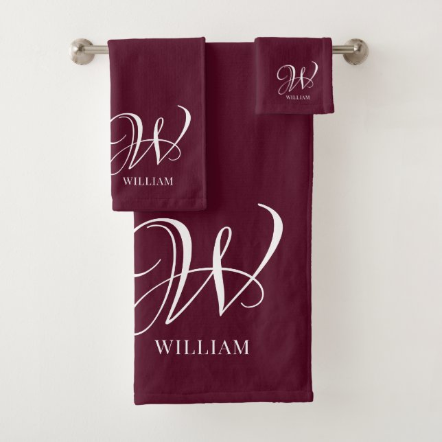 Initial Personalised Elegant Burgundy Monogram  Bath Towel Set (Insitu)