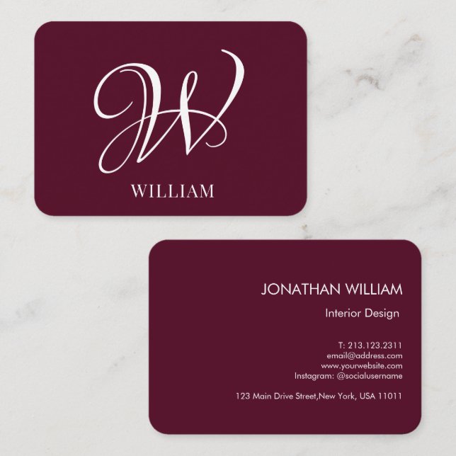 Initial Personalised Elegant Burgundy Monogram  Business Card (Front/Back)