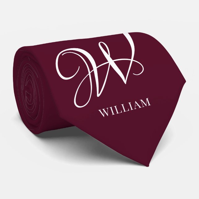 Initial Personalised Elegant Burgundy Monogram  Tie (Rolled)