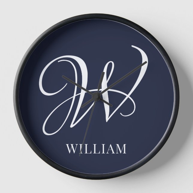 Initial Personalised Elegant Navy Blue Monogram  Clock (Front)