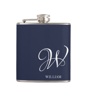 Initial Personalised Elegant Navy Blue Monogram Hip Flask