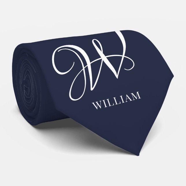 Initial Personalised Elegant Navy Blue Monogram  Tie (Rolled)