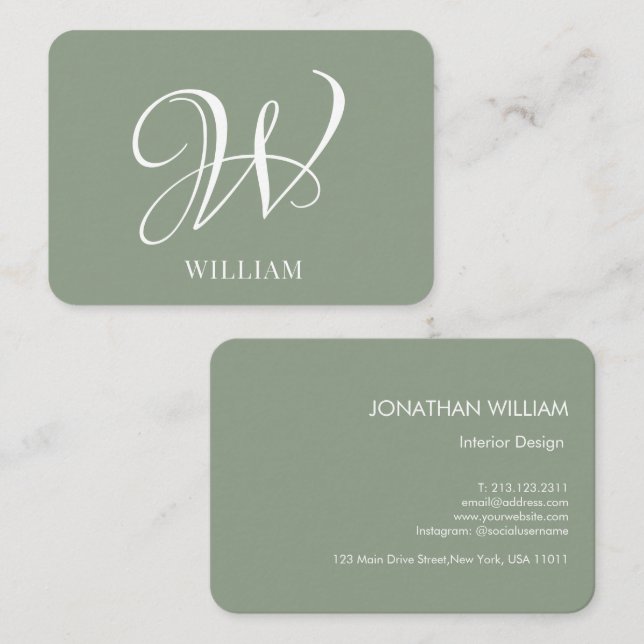 Initial Personalised Elegant Sage Green Monogram  Business Card (Front/Back)