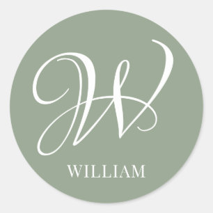 Initial Personalised Elegant Sage Green Monogram  Classic Round Sticker