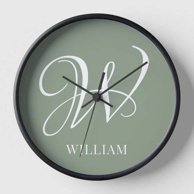 Initial Personalised Elegant Sage Green Monogram  Clock (Front)