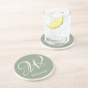 Initial Personalised Elegant Sage Green Monogram  Coaster