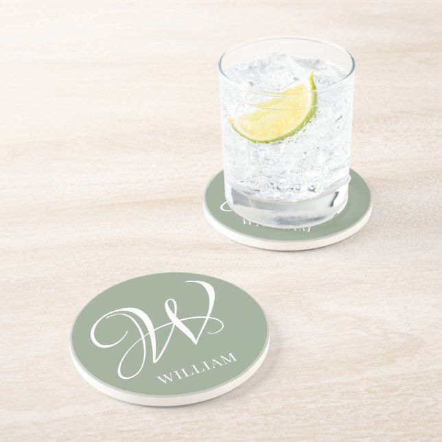 Initial Personalised Elegant Sage Green Monogram  Coaster (Side)