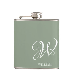 Initial Personalised Elegant Sage Green Monogram  Hip Flask