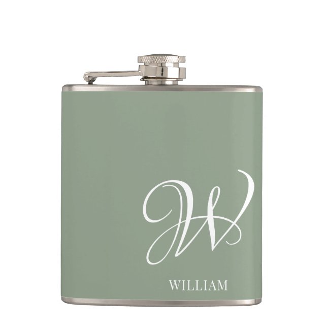 Initial Personalised Elegant Sage Green Monogram  Hip Flask (Front)
