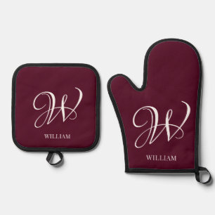 Initial Personalized Elegant Burgundy Monogram  Oven Mitt & Pot Holder Set