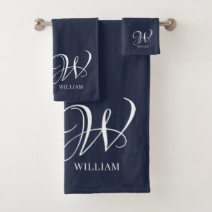 Initial Personalized Elegant Navy Blue Monogram  Bath Towel Set