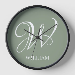 Initial Personalized Elegant Sage Green Monogram  Clock