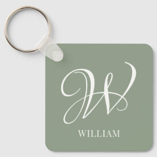 Initial Personalized Elegant Sage Green Monogram Key Ring