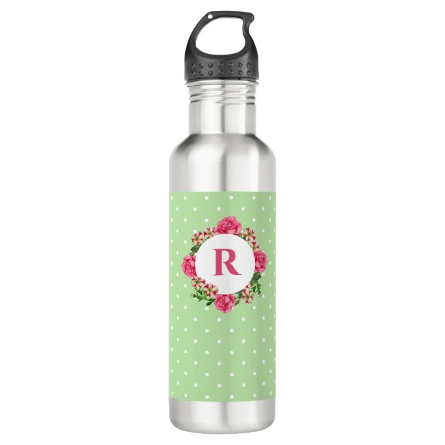 Initial Pink Rose Red White Petunia Polka Dots 710 Ml Water Bottle (Front)