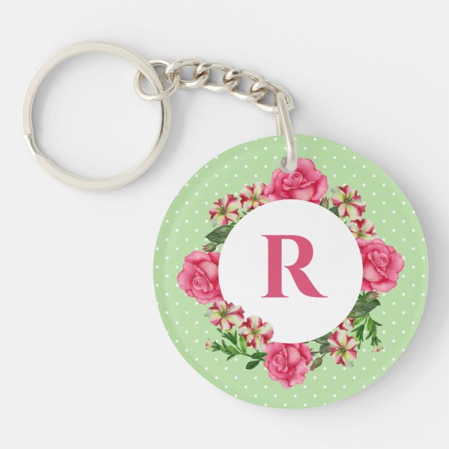 Initial Pink Rose Red White Petunia Polka Dots Key Ring (Front)