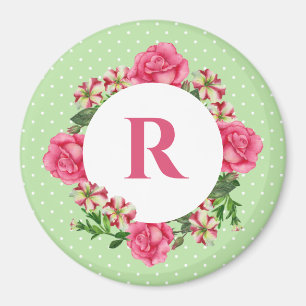 Initial Pink Rose Red White Petunia Polka Dots Magnet