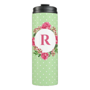 Initial Pink Rose Red White Petunia Polka Dots Thermal Tumbler