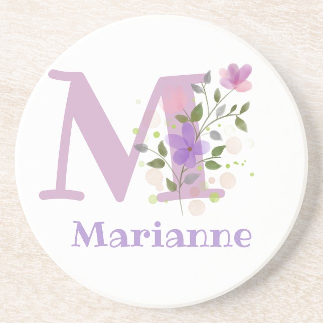 Initial Plus Name & Flowers Design Coaster (Front)
