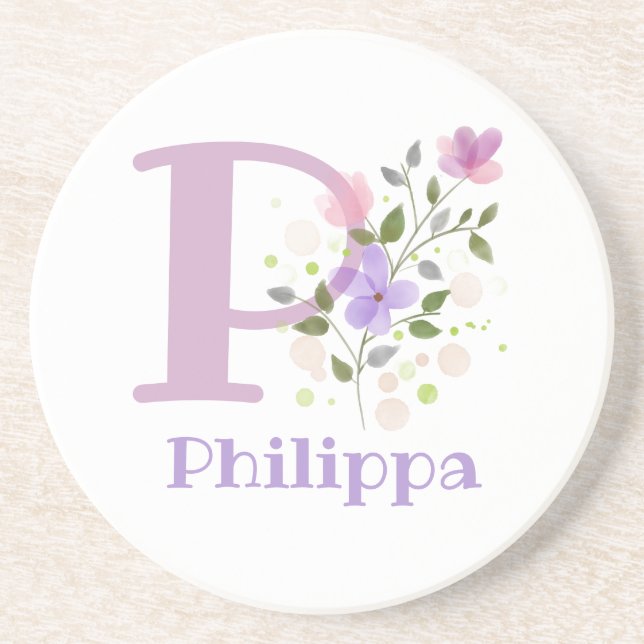 Initial Plus Name & Flowers Design Coaster (Front)